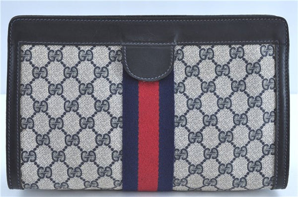 Authentic GUCCI Sherry Line Clutch Hand Bag Purse GG PVC Leather Navy Blue H9703