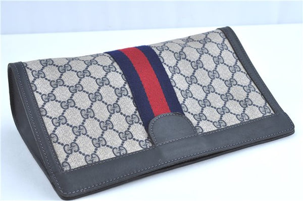 Authentic GUCCI Sherry Line Clutch Hand Bag Purse GG PVC Leather Navy Blue H9703