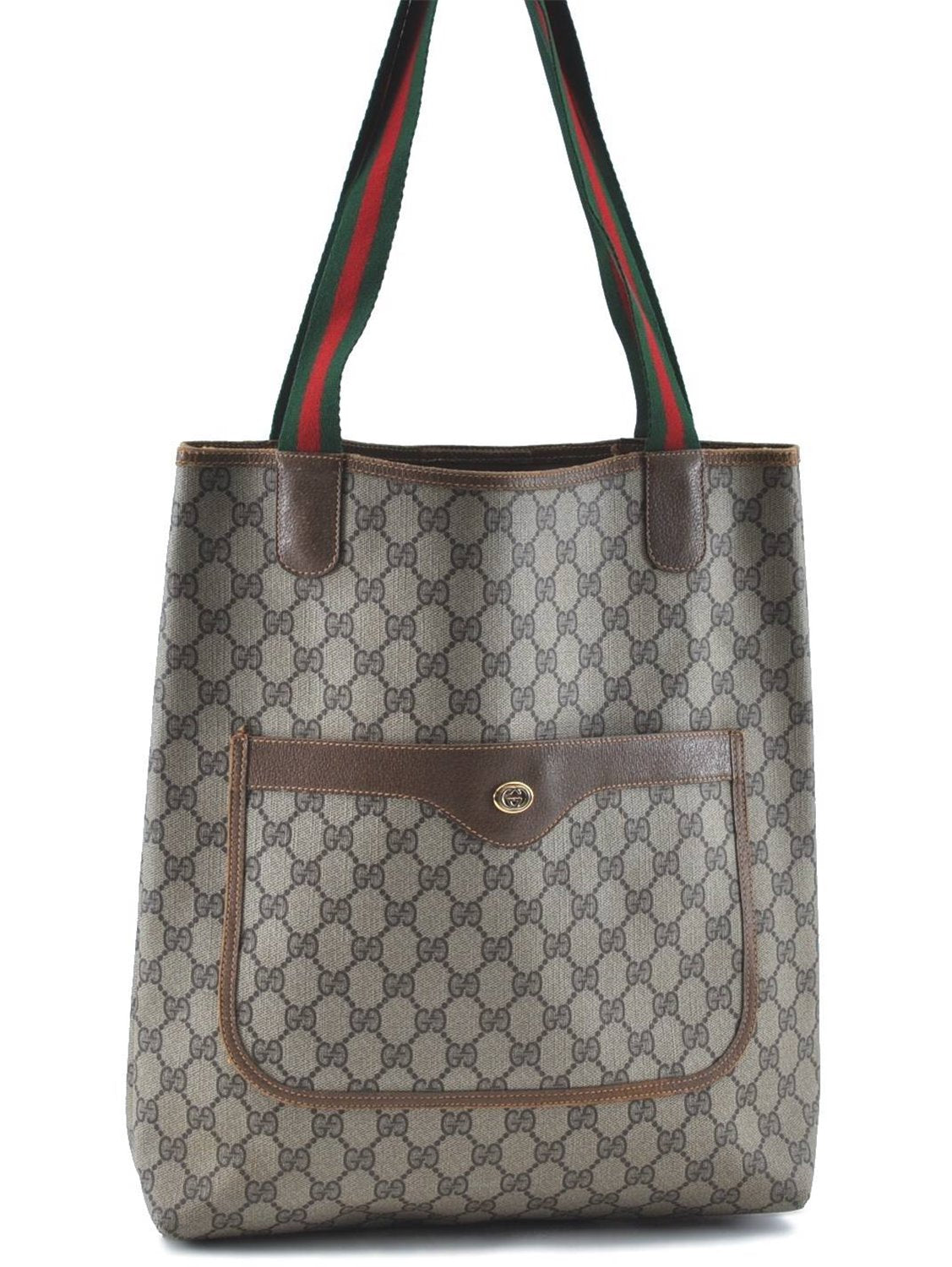 Authentic GUCCI Web Sherry Line Shoulder Tote Bag GG PVC Leather Brown H9705