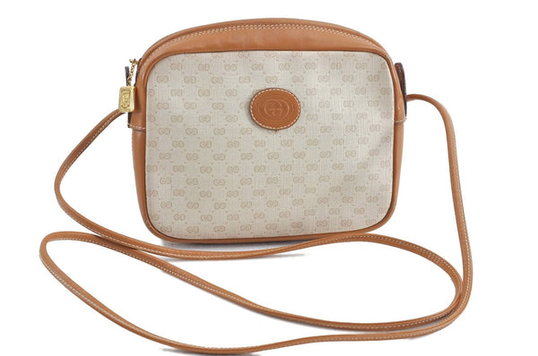 Authentic GUCCI Micro GG PVC Leather Shoulder Cross Bag Ivory Brown H9725