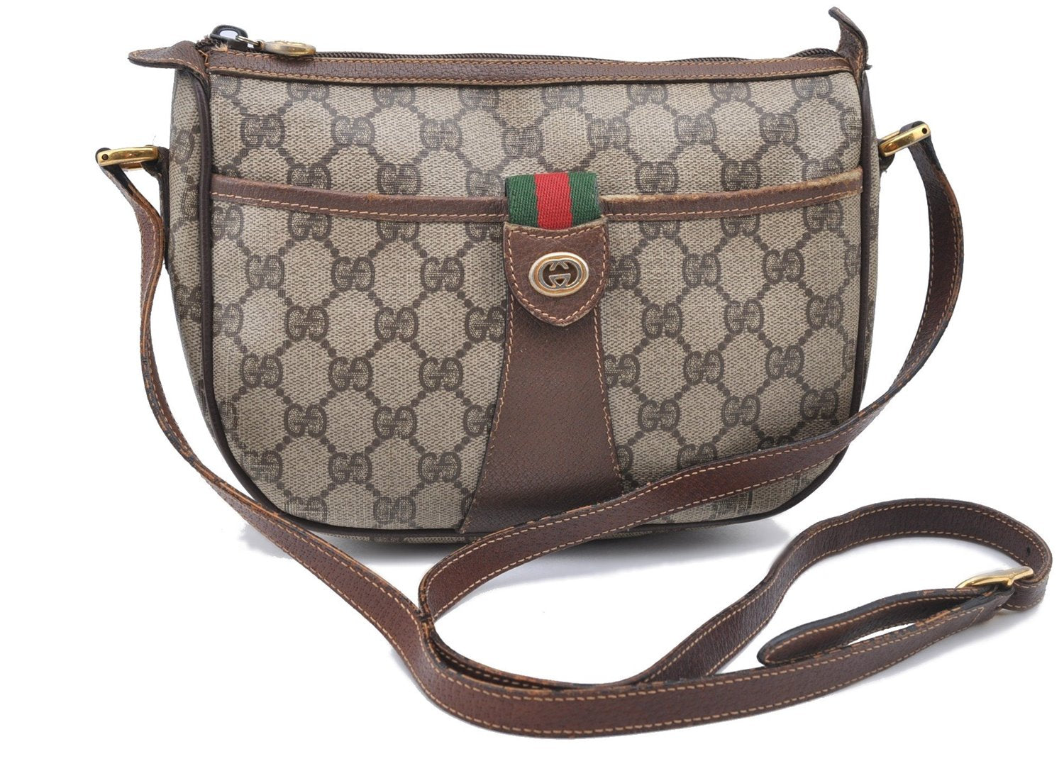 Authentic GUCCI Web Sherry Line Shoulder Cross Bag GG PVC Leather Brown H9729