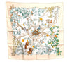 Auth HERMES Carre 90 Scarf "AU COEUR DES BOIS" Silk Light Green Beige Box H9743