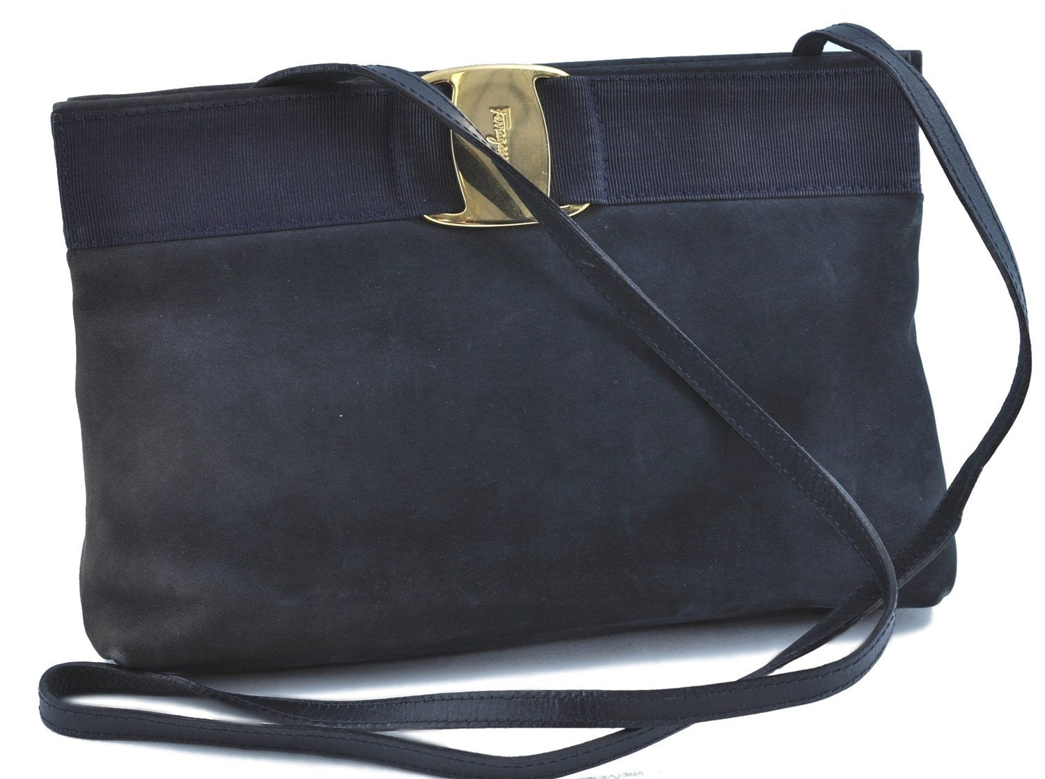 Auth Salvatore Ferragamo Vara Shoulder Cross Body Bag Leather Navy Blue SF H9752