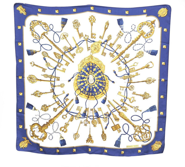 Authentic HERMES Carre 90 Scarf Key Tassel Motif Silk Navy Blue H9762