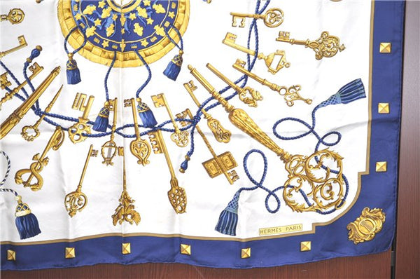 Authentic HERMES Carre 90 Scarf Key Tassel Motif Silk Navy Blue H9762