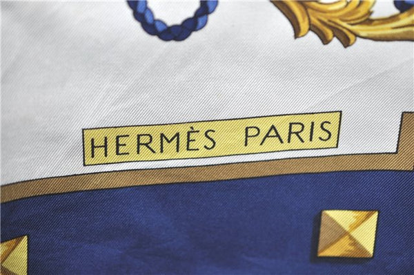 Authentic HERMES Carre 90 Scarf Key Tassel Motif Silk Navy Blue H9762