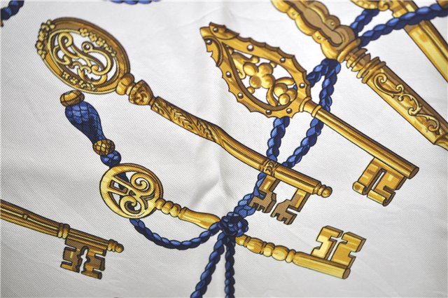 Authentic HERMES Carre 90 Scarf Key Tassel Motif Silk Navy Blue H9762