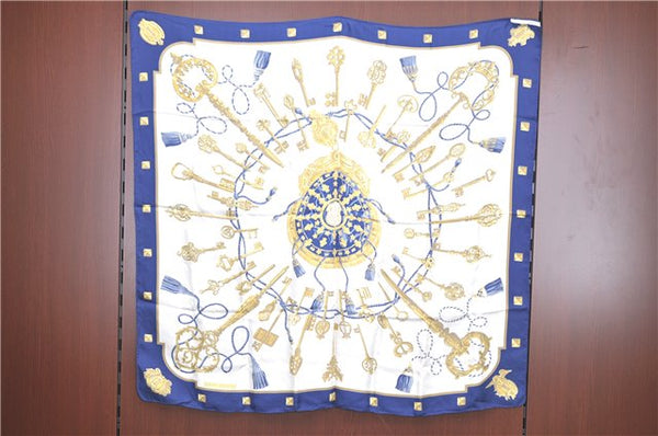 Authentic HERMES Carre 90 Scarf Key Tassel Motif Silk Navy Blue H9762