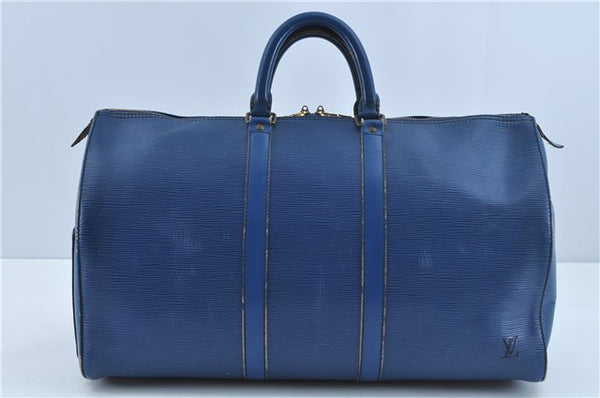 Authentic Louis Vuitton Epi Keepall 45 Travel Boston Bag Blue M42975 LV H9885