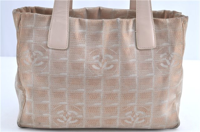 Auth CHANEL New Travel Line Shoulder Tote Bag Canvas Leather Pink Beige H9959