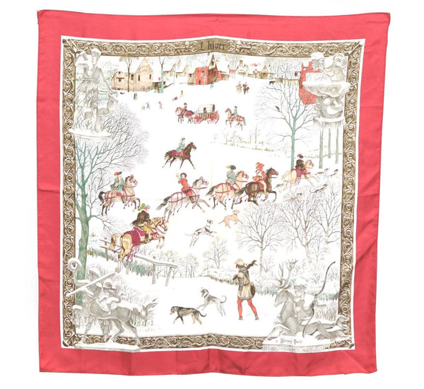 Authentic HERMES Carre 90 Scarf "L'Hiver" Silk Red H9979