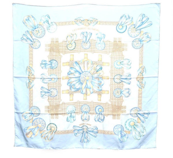 Authentic HERMES Carre 90 Scarf "LES RUBANS DU CHEVAL" Silk Light Blue H9987