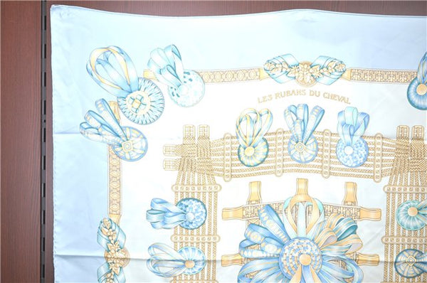 Authentic HERMES Carre 90 Scarf "LES RUBANS DU CHEVAL" Silk Light Blue H9987