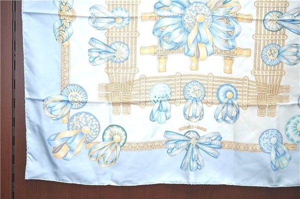 Authentic HERMES Carre 90 Scarf "LES RUBANS DU CHEVAL" Silk Light Blue H9987