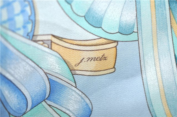 Authentic HERMES Carre 90 Scarf "LES RUBANS DU CHEVAL" Silk Light Blue H9987