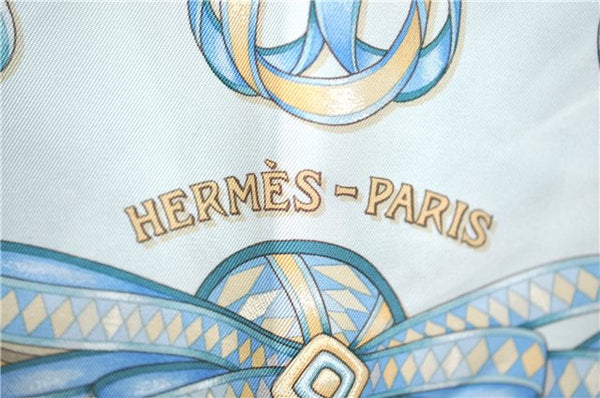 Authentic HERMES Carre 90 Scarf "LES RUBANS DU CHEVAL" Silk Light Blue H9987