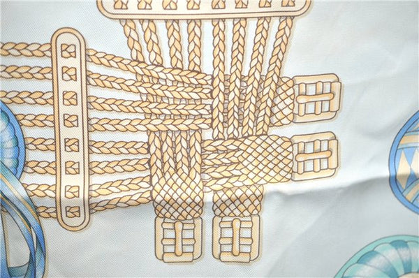 Authentic HERMES Carre 90 Scarf "LES RUBANS DU CHEVAL" Silk Light Blue H9987