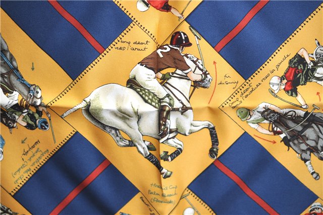 HERMES Petit Carre 40 Scarf Handkerchief Horse Racing Motif Silk Navy Box H9994