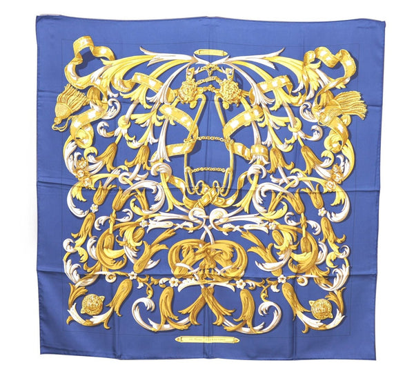 Authentic HERMES Carre 90 Scarf "LE MORS"ALACONETABLE"" Silk Navy Blue H9996