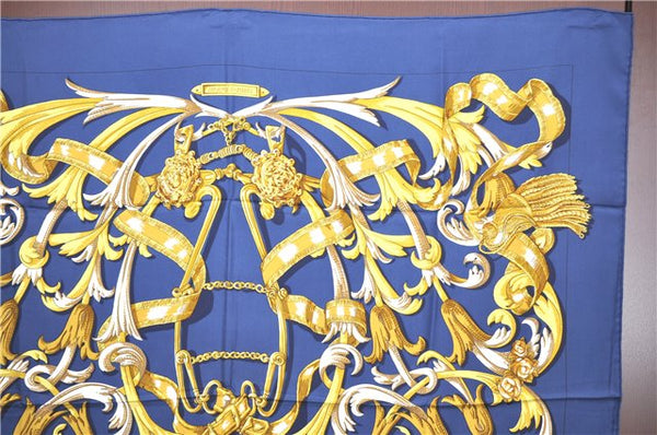 Authentic HERMES Carre 90 Scarf "LE MORS"ALACONETABLE"" Silk Navy Blue H9996