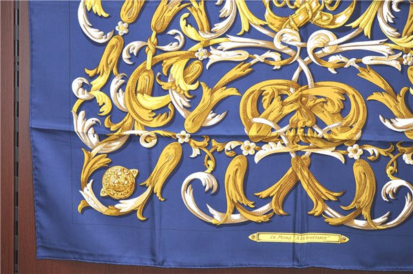 Authentic HERMES Carre 90 Scarf "LE MORS"ALACONETABLE"" Silk Navy Blue H9996