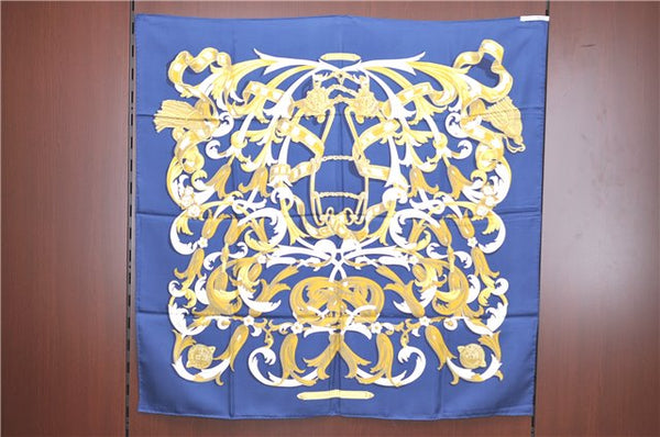 Authentic HERMES Carre 90 Scarf "LE MORS"ALACONETABLE"" Silk Navy Blue H9996