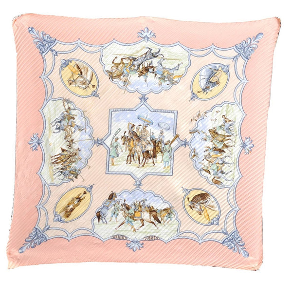 Authentic HERMES Pleats Scarf "LES CHEVAUX DES MOGHOLS" Silk Pink Box H9999