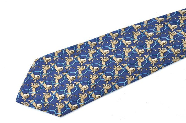 Authentic HERMES Necktie Animals Lion Circle Motif Silk Blue Brown J0002