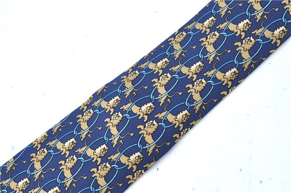 Authentic HERMES Necktie Animals Lion Circle Motif Silk Blue Brown J0002