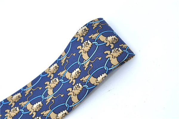 Authentic HERMES Necktie Animals Lion Circle Motif Silk Blue Brown J0002