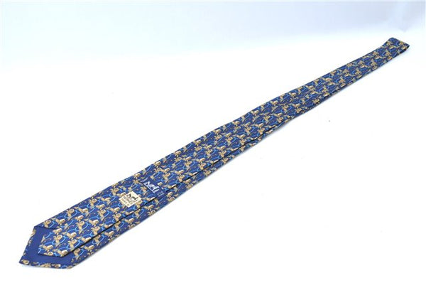 Authentic HERMES Necktie Animals Lion Circle Motif Silk Blue Brown J0002