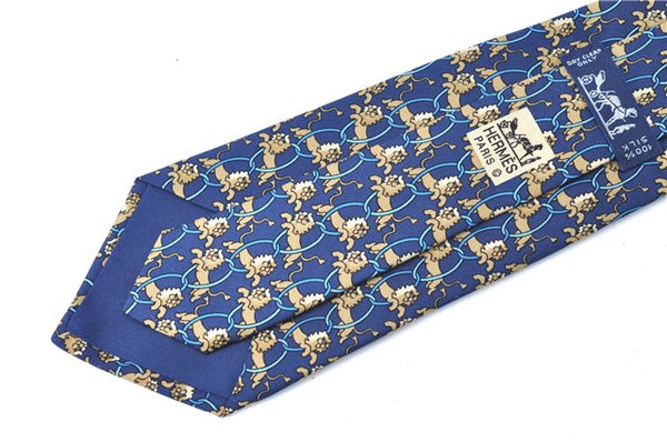 Authentic HERMES Necktie Animals Lion Circle Motif Silk Blue Brown J0002