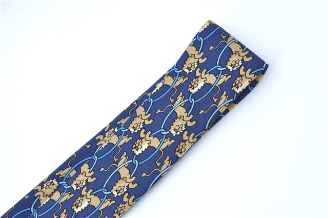 Authentic HERMES Necktie Animals Lion Circle Motif Silk Blue Brown J0002