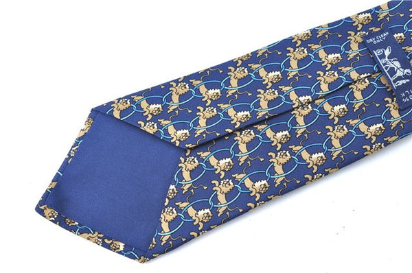 Authentic HERMES Necktie Animals Lion Circle Motif Silk Blue Brown J0002