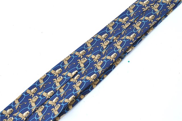 Authentic HERMES Necktie Animals Lion Circle Motif Silk Blue Brown J0002