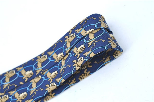 Authentic HERMES Necktie Animals Lion Circle Motif Silk Blue Brown J0002