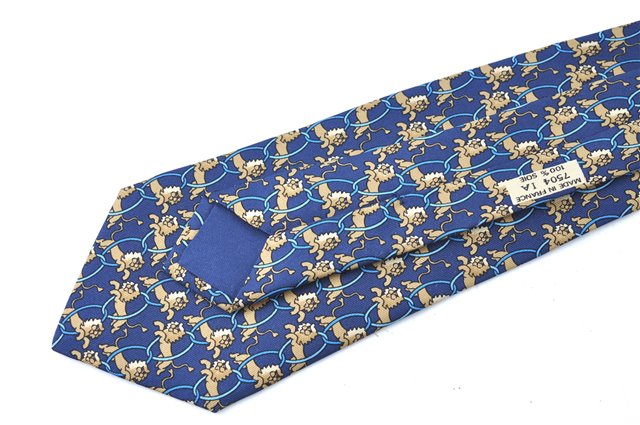 Authentic HERMES Necktie Animals Lion Circle Motif Silk Blue Brown J0002