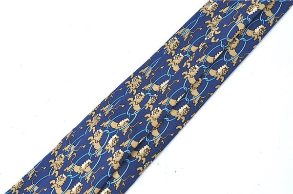 Authentic HERMES Necktie Animals Lion Circle Motif Silk Blue Brown J0002
