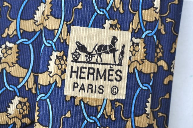 Authentic HERMES Necktie Animals Lion Circle Motif Silk Blue Brown J0002