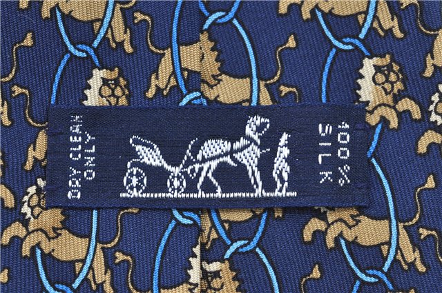 Authentic HERMES Necktie Animals Lion Circle Motif Silk Blue Brown J0002