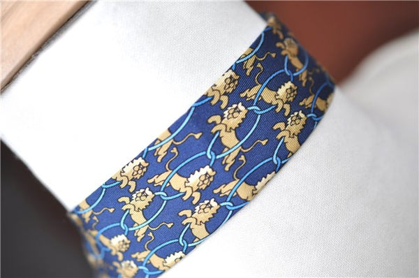 Authentic HERMES Necktie Animals Lion Circle Motif Silk Blue Brown J0002