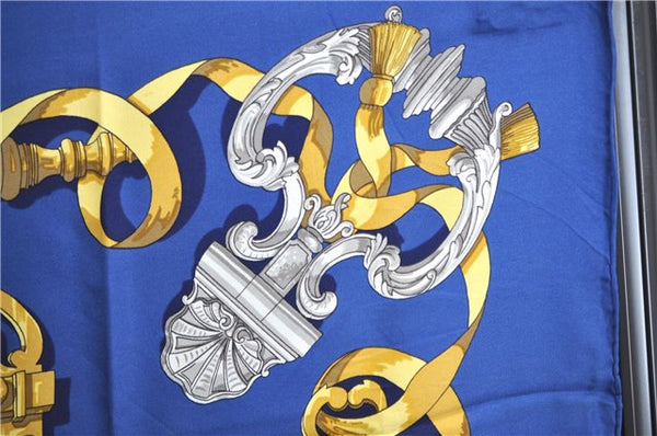 Authentic HERMES Carre 90 Scarf "FERRONNERIE" Silk Navy Blue J0004