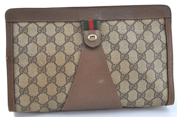 Authentic GUCCI Web Sherry Line Clutch Hand Bag Purse GG PVC Leather Brown J0008