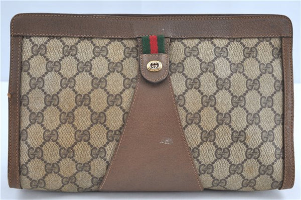 Authentic GUCCI Web Sherry Line Clutch Hand Bag Purse GG PVC Leather Brown J0008