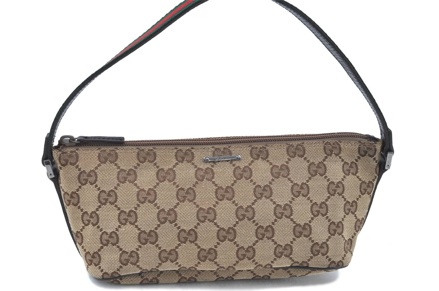 GUCCI Web Sherry Line Hand Bag Pouch Purse GG Canvas Leather 141809 Brown J0017