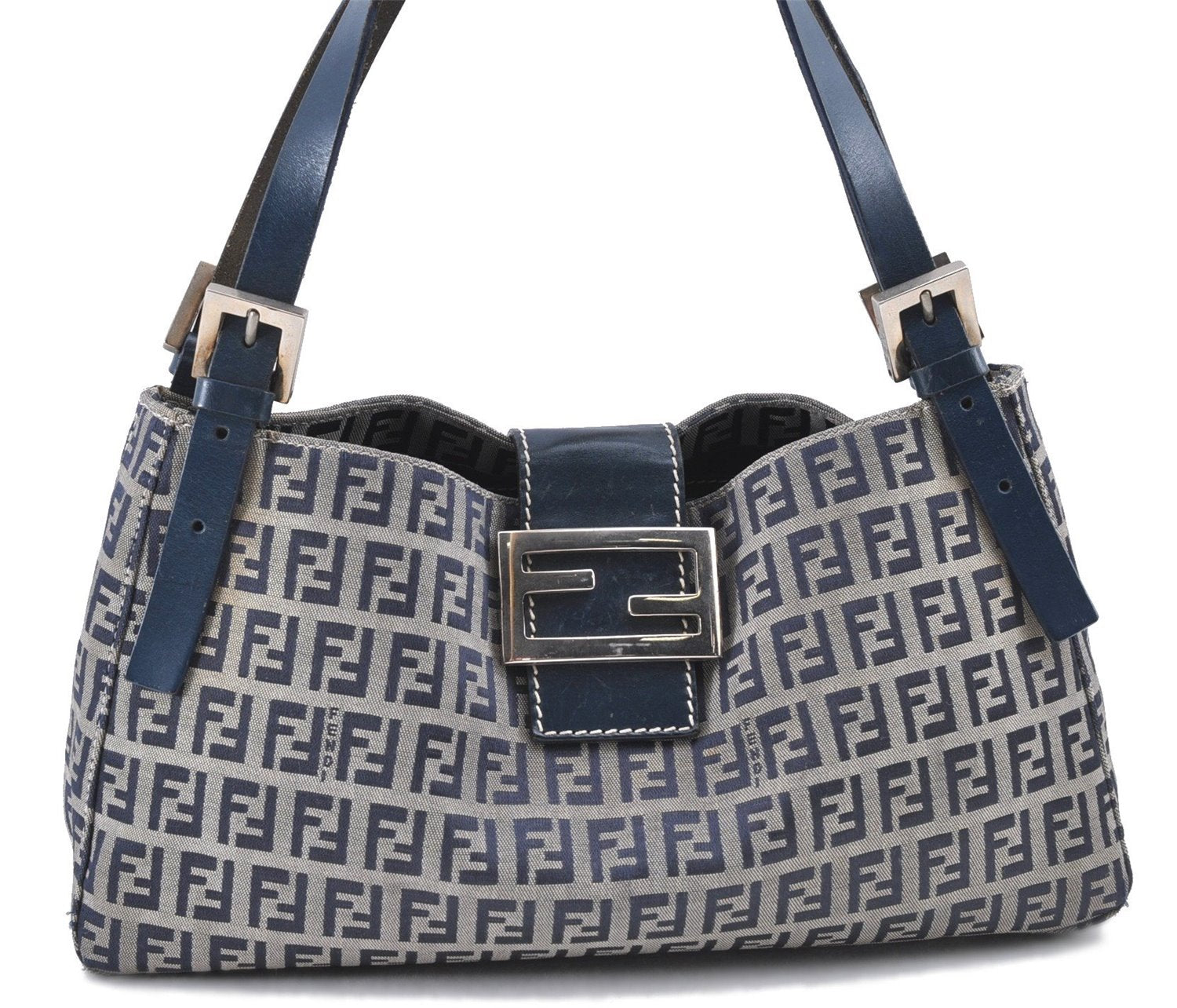 Auth FENDI Zucchino Mamma Baguette Shoulder Bag Canvas Leather Navy Blue J0029