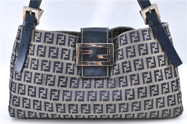 Auth FENDI Zucchino Mamma Baguette Shoulder Bag Canvas Leather Navy Blue J0029