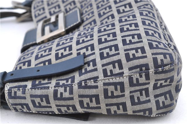 Auth FENDI Zucchino Mamma Baguette Shoulder Bag Canvas Leather Navy Blue J0029