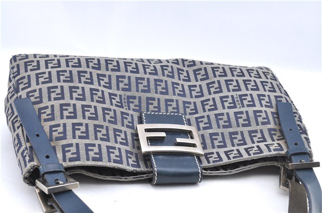 Auth FENDI Zucchino Mamma Baguette Shoulder Bag Canvas Leather Navy Blue J0029