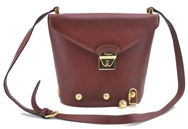 Auth Ferragamo Canvas Leather Shoulder Cross Body Bag Purse Bordeaux Red J0031